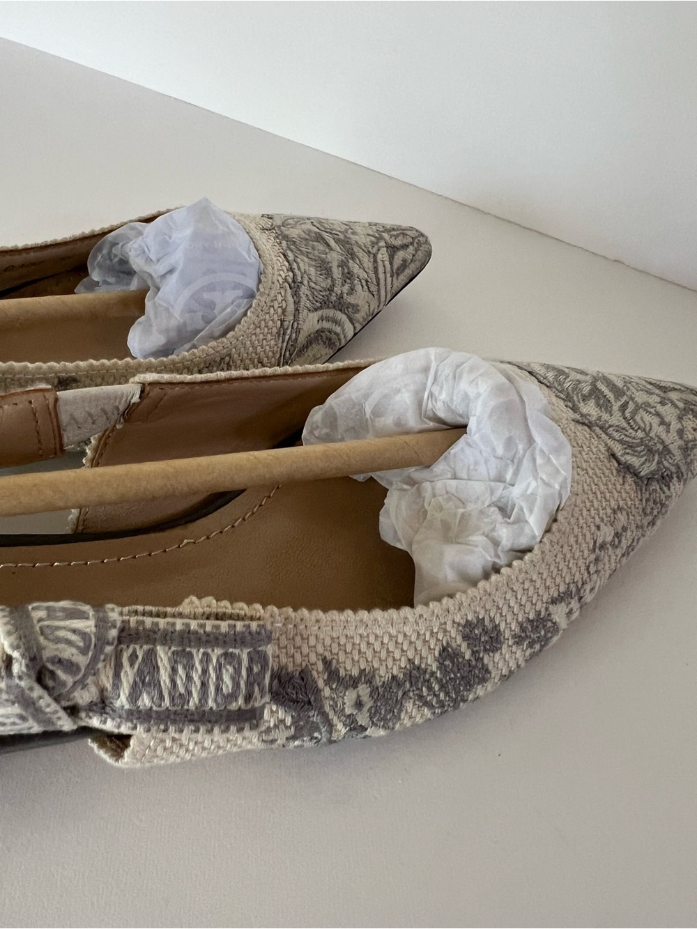 Dior Beige and Gray Woven Pointed-Toe Slingback Flats